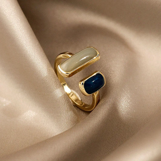 New Square Blue Oil Dripping Rings Light Luxury French Retro Simple Opening Ring 2024 Fashion Temperament Women's Jewelry