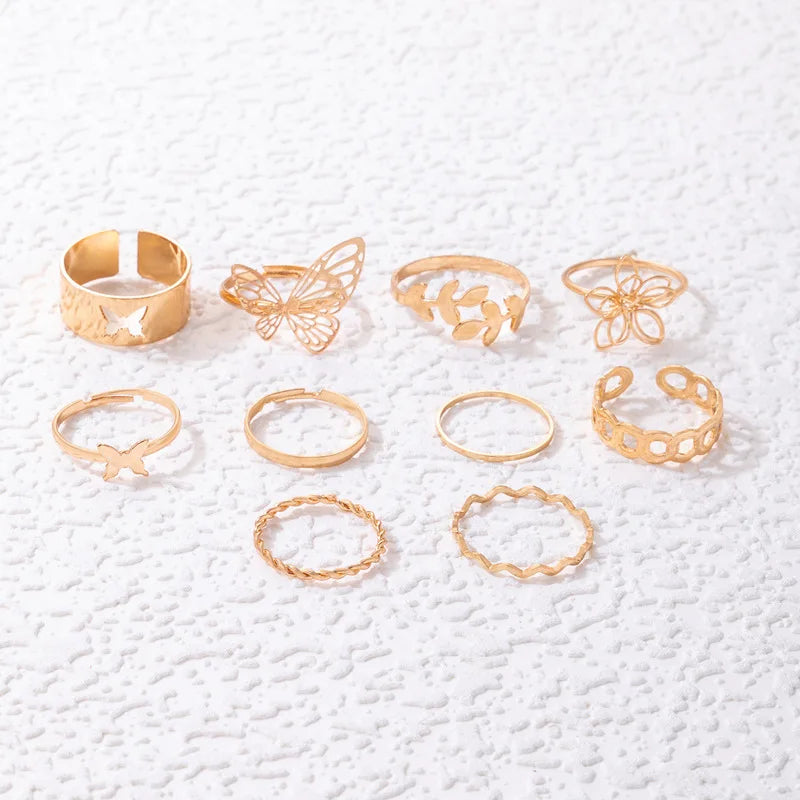 New Simple 10 Pcs Flower Butterfly Leaves Geometric Twisted Hollow Ring Set for Women Female Charm Party Wedding Jewelry Gift