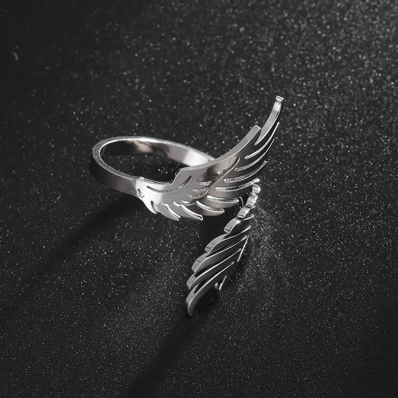 Stainless Steel Angel Wing Ring Opening Adjustable Feather Jewelry Suitable for Men Women Couples Anniversary Gifts