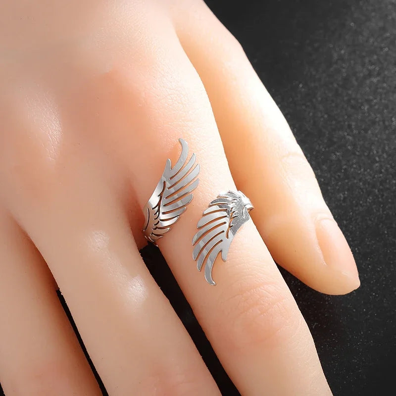 Stainless Steel Angel Wing Ring Opening Adjustable Feather Jewelry Suitable for Men Women Couples Anniversary Gifts