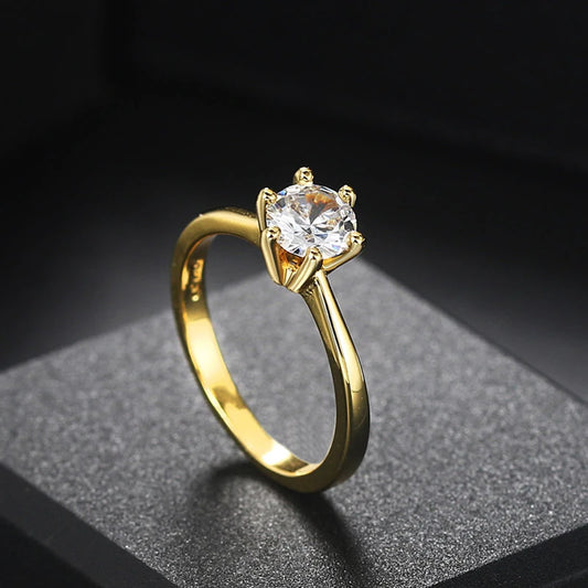 Classic 1 Carat Crystal Wedding Ring For Women Zirconia Gold Color Engagement Anniversary Proposal Marriage Ring Jewelry R174