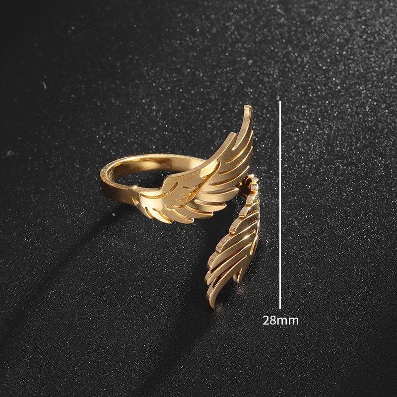 Stainless Steel Angel Wing Ring Opening Adjustable Feather Jewelry Suitable for Men Women Couples Anniversary Gifts