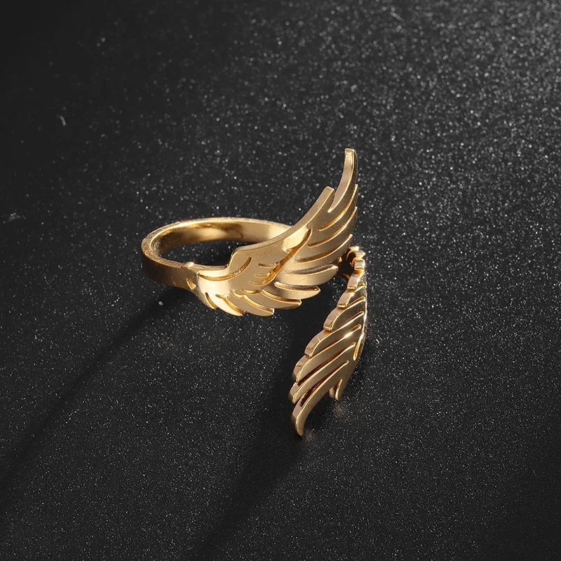 Stainless Steel Angel Wing Ring Opening Adjustable Feather Jewelry Suitable for Men Women Couples Anniversary Gifts