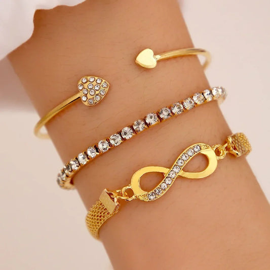 Minimalist Lucky 8 Gold Color Rhinestones Bracelet Heart Open Cuff Bangle Trendy Geometric Chain Bracelet Set for Women Jewelry